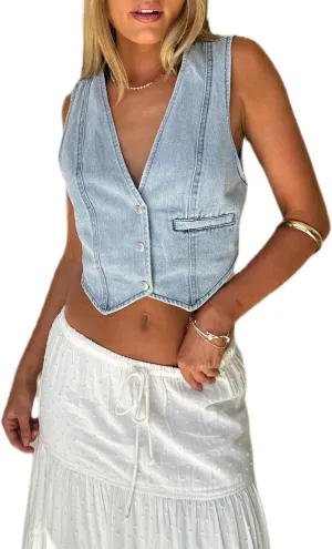 Cropped Y2K Denim Vest for Womens Button Down Sleeveless Corset Jean Tank Waistcoat