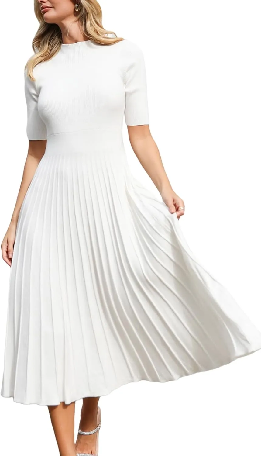 CUPSHE Women Casual Fall Dress 2024 Round Neck Short Sleeve Ribbed Knit Pleated A Line Midi Pullover Sweater Dress