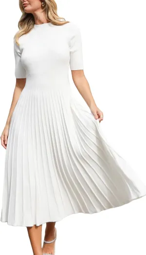 CUPSHE Women Casual Fall Dress 2024 Round Neck Short Sleeve Ribbed Knit Pleated A Line Midi Pullover Sweater Dress