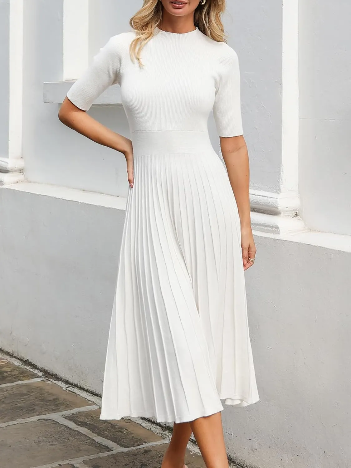 CUPSHE Women Casual Fall Dress 2024 Round Neck Short Sleeve Ribbed Knit Pleated A Line Midi Pullover Sweater Dress