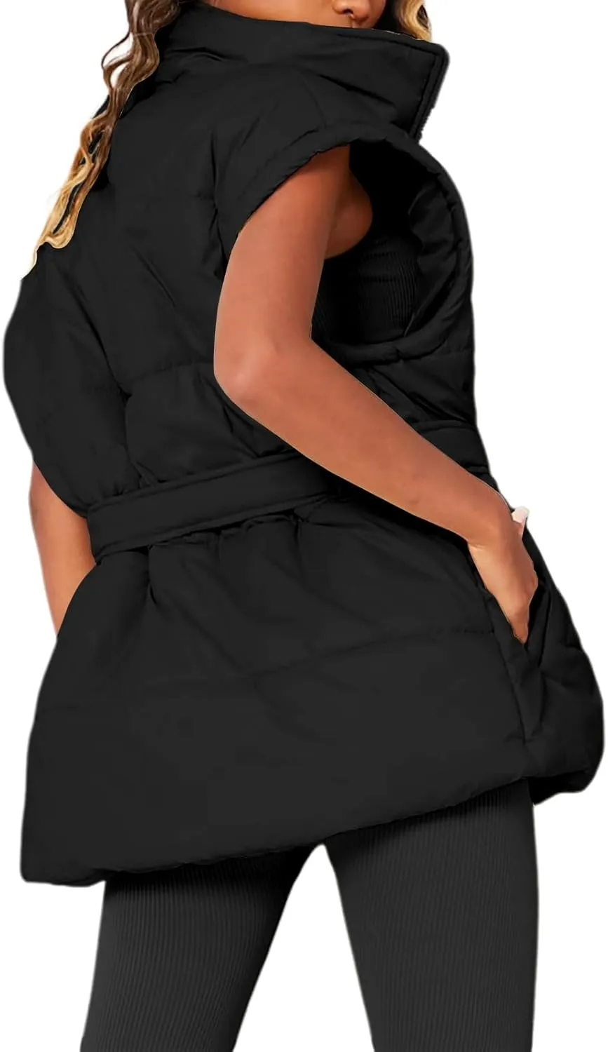 Danedvi Women's Oversized Puffer Vest Stand Collar Cap Sleeve Padded Gilet Outerwear with Belted