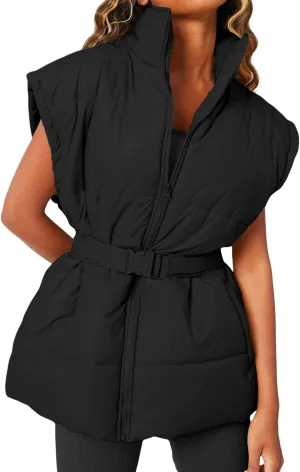 Danedvi Women's Oversized Puffer Vest Stand Collar Cap Sleeve Padded Gilet Outerwear with Belted
