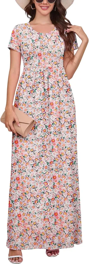 DEARCASE Maxi Dress for Women Short Sleeve Casual Summer Loose Plain Comfy Long Dresses with Pockets