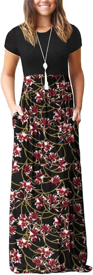 DEARCASE Maxi Dress for Women Short Sleeve Casual Summer Loose Plain Comfy Long Dresses with Pockets
