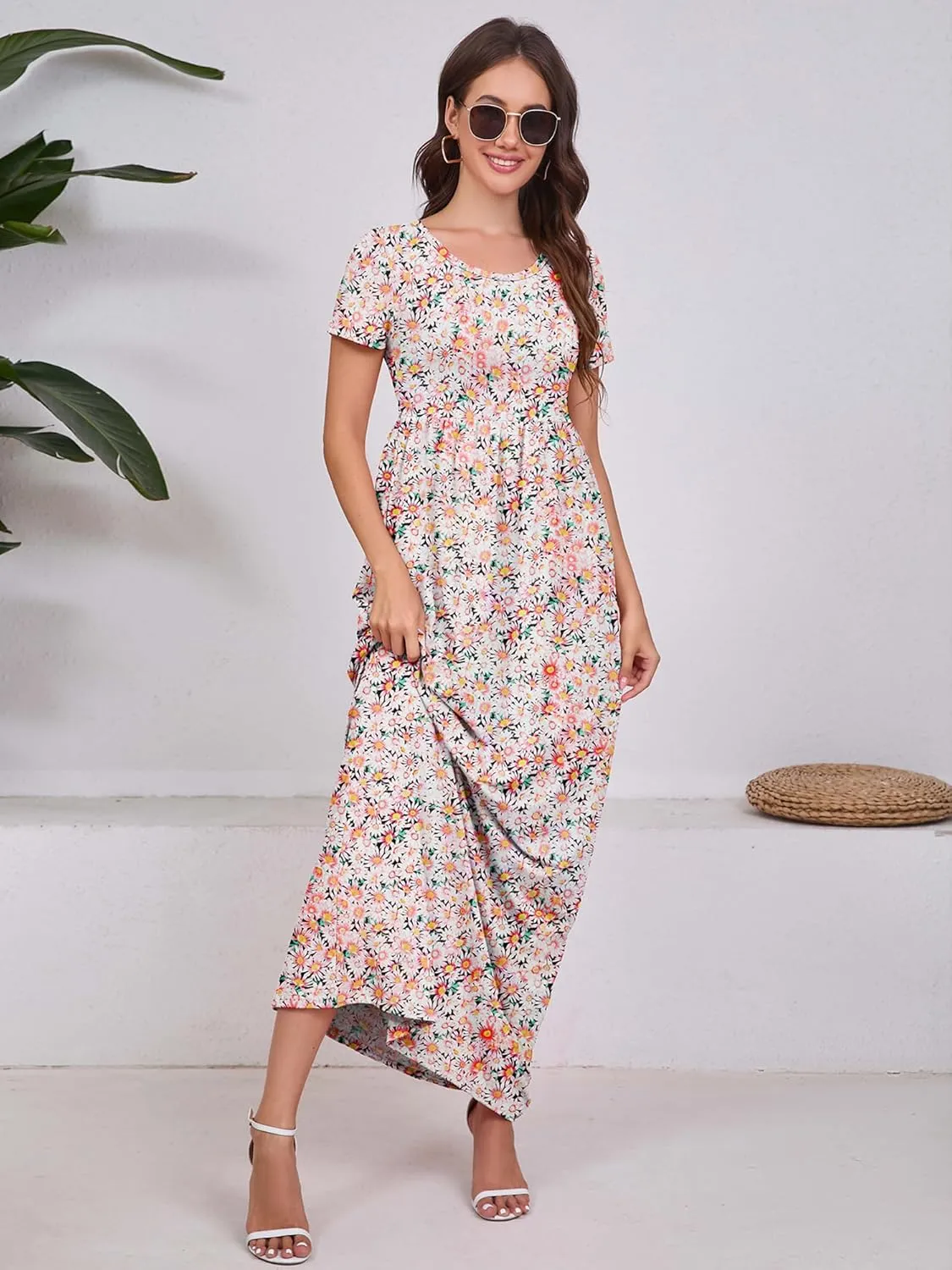 DEARCASE Maxi Dress for Women Short Sleeve Casual Summer Loose Plain Comfy Long Dresses with Pockets