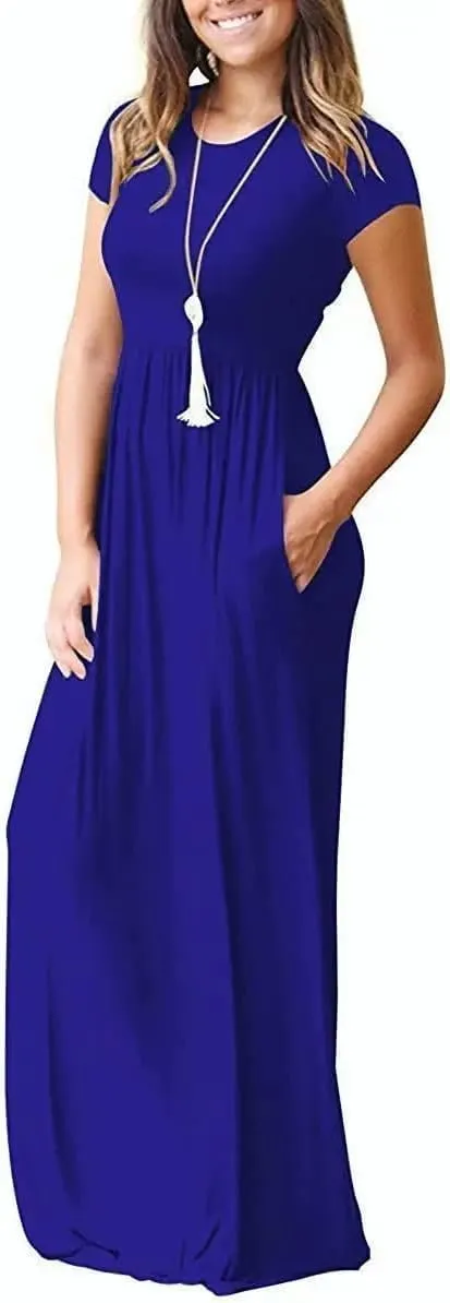 DEARCASE Maxi Dress for Women Short Sleeve Casual Summer Loose Plain Comfy Long Dresses with Pockets