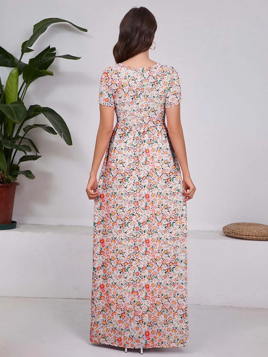 DEARCASE Maxi Dress for Women Short Sleeve Casual Summer Loose Plain Comfy Long Dresses with Pockets