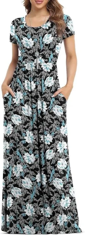 DEARCASE Maxi Dress for Women Short Sleeve Casual Summer Loose Plain Comfy Long Dresses with Pockets