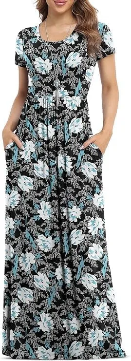 DEARCASE Maxi Dress for Women Short Sleeve Casual Summer Loose Plain Comfy Long Dresses with Pockets
