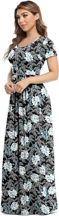 DEARCASE Maxi Dress for Women Short Sleeve Casual Summer Loose Plain Comfy Long Dresses with Pockets