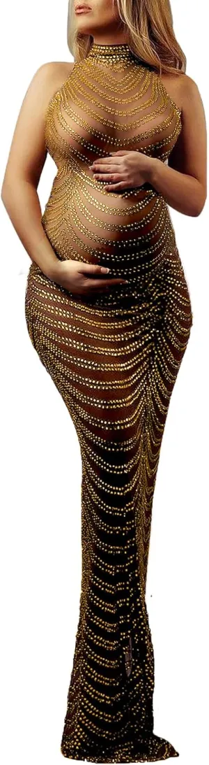 Dedysler Maternity Photography Gown Sleeveless Sexy Shiny Rhinestone Photoshoot Dress for Baby Shower