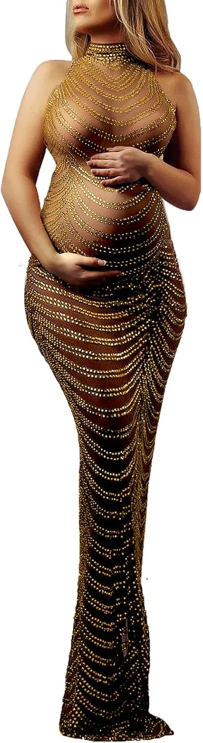 Dedysler Maternity Photography Gown Sleeveless Sexy Shiny Rhinestone Photoshoot Dress for Baby Shower