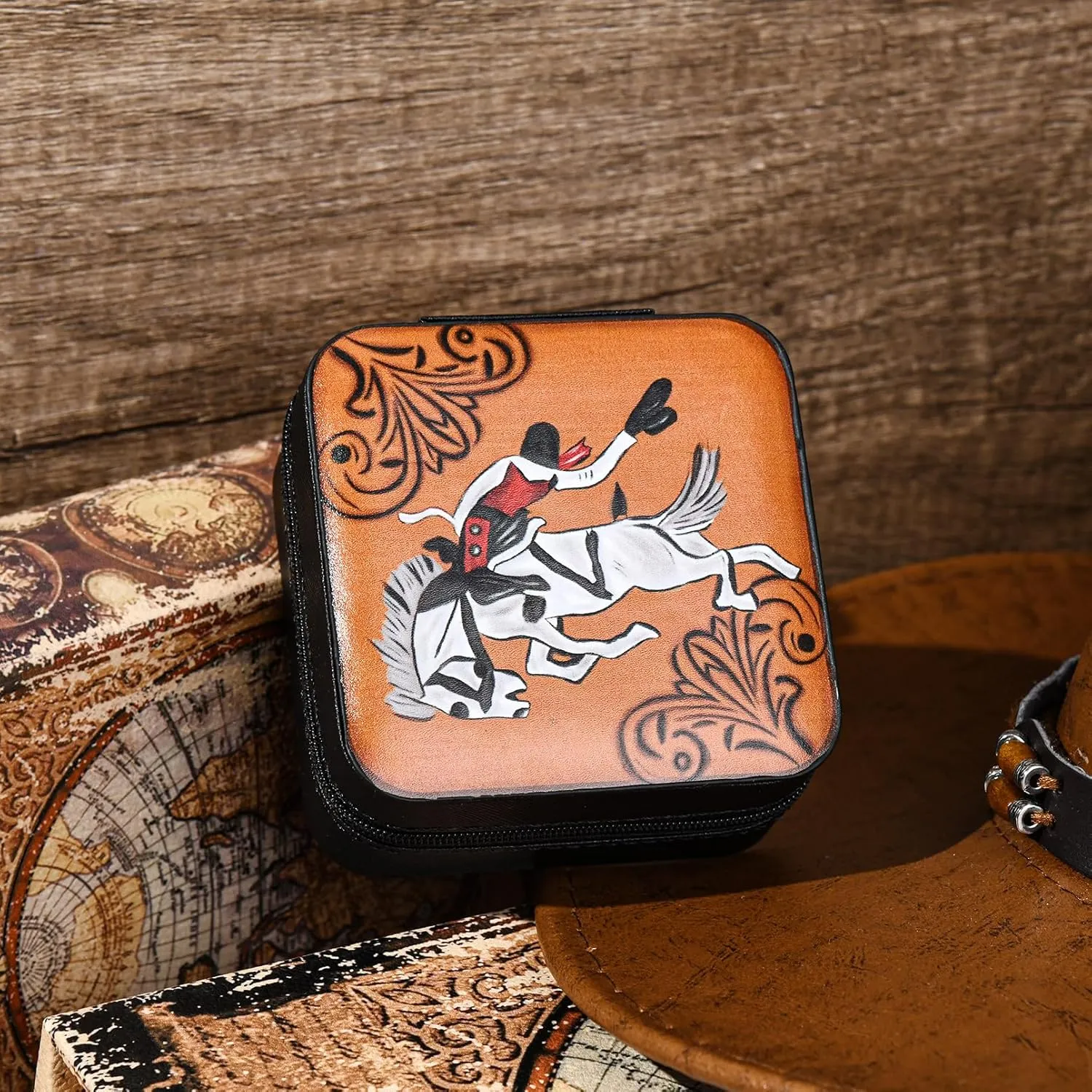 DEEKA Western Jewelry Box Case Horse Pattern Faux Leather Travel Jewelry Holder Organizer Gifts for Women Country Girls Cowgirl Stuff Small Portable Travel Accessories -Black Horse