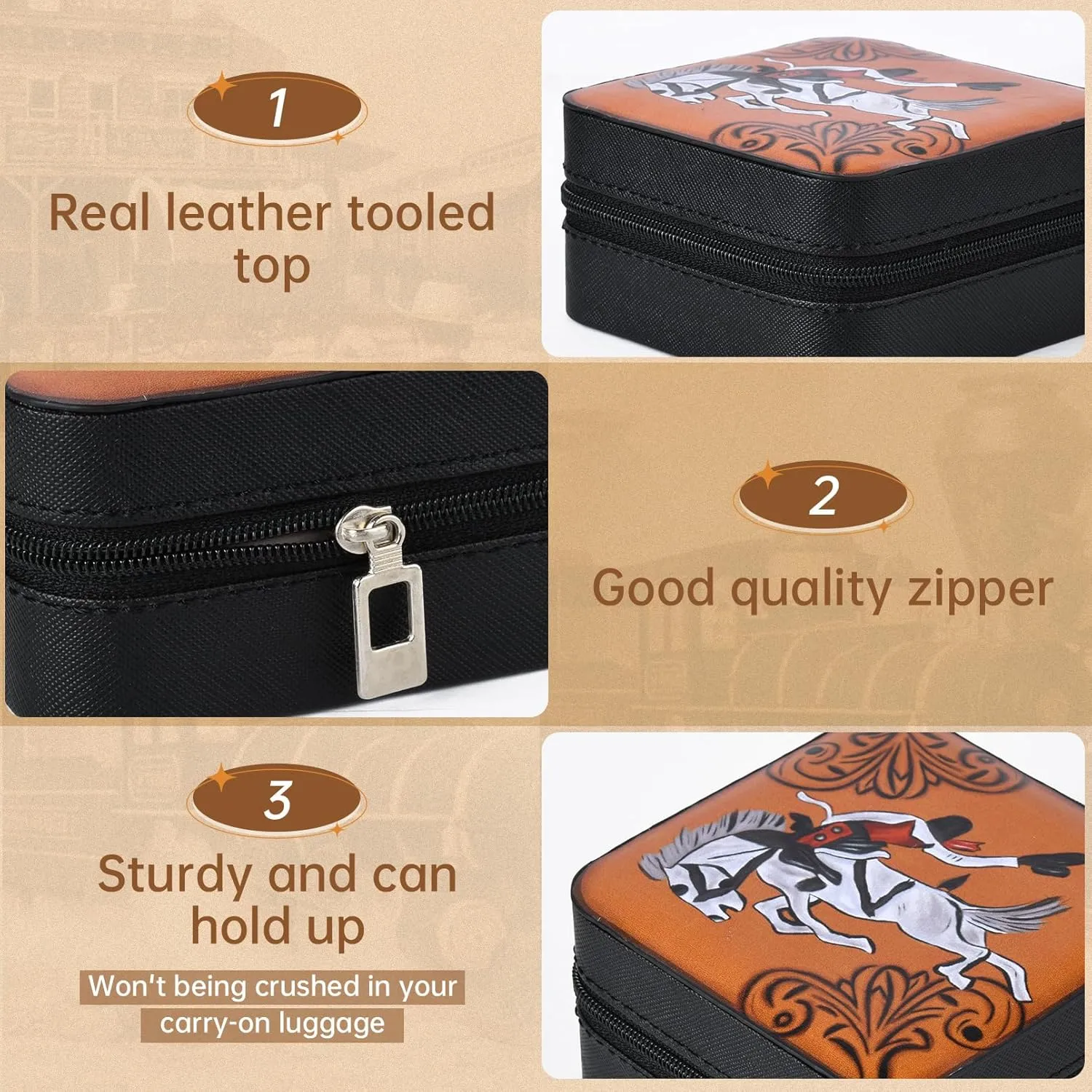 DEEKA Western Jewelry Box Case Horse Pattern Faux Leather Travel Jewelry Holder Organizer Gifts for Women Country Girls Cowgirl Stuff Small Portable Travel Accessories -Black Horse