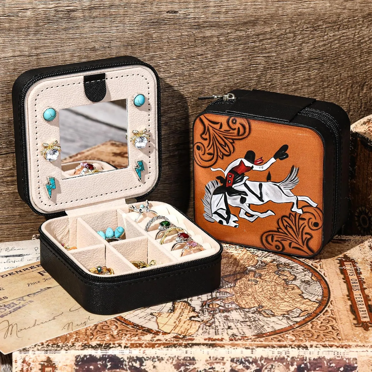DEEKA Western Jewelry Box Case Horse Pattern Faux Leather Travel Jewelry Holder Organizer Gifts for Women Country Girls Cowgirl Stuff Small Portable Travel Accessories -Black Horse