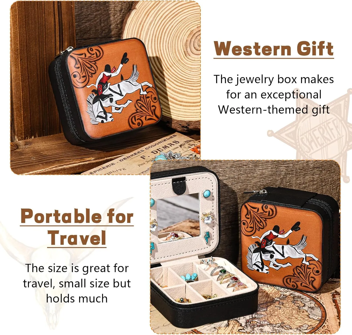 DEEKA Western Jewelry Box Case Horse Pattern Faux Leather Travel Jewelry Holder Organizer Gifts for Women Country Girls Cowgirl Stuff Small Portable Travel Accessories -Black Horse