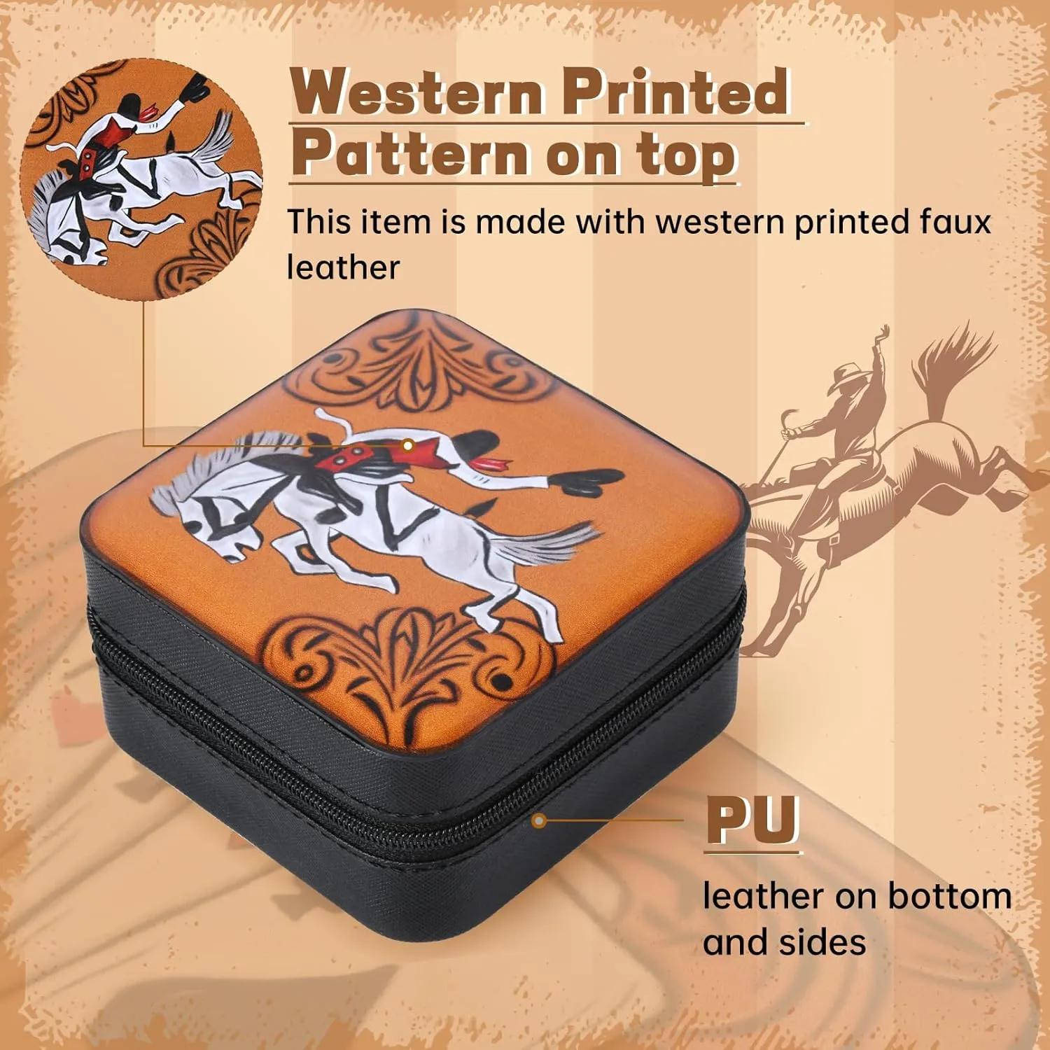 DEEKA Western Jewelry Box Case Horse Pattern Faux Leather Travel Jewelry Holder Organizer Gifts for Women Country Girls Cowgirl Stuff Small Portable Travel Accessories -Black Horse