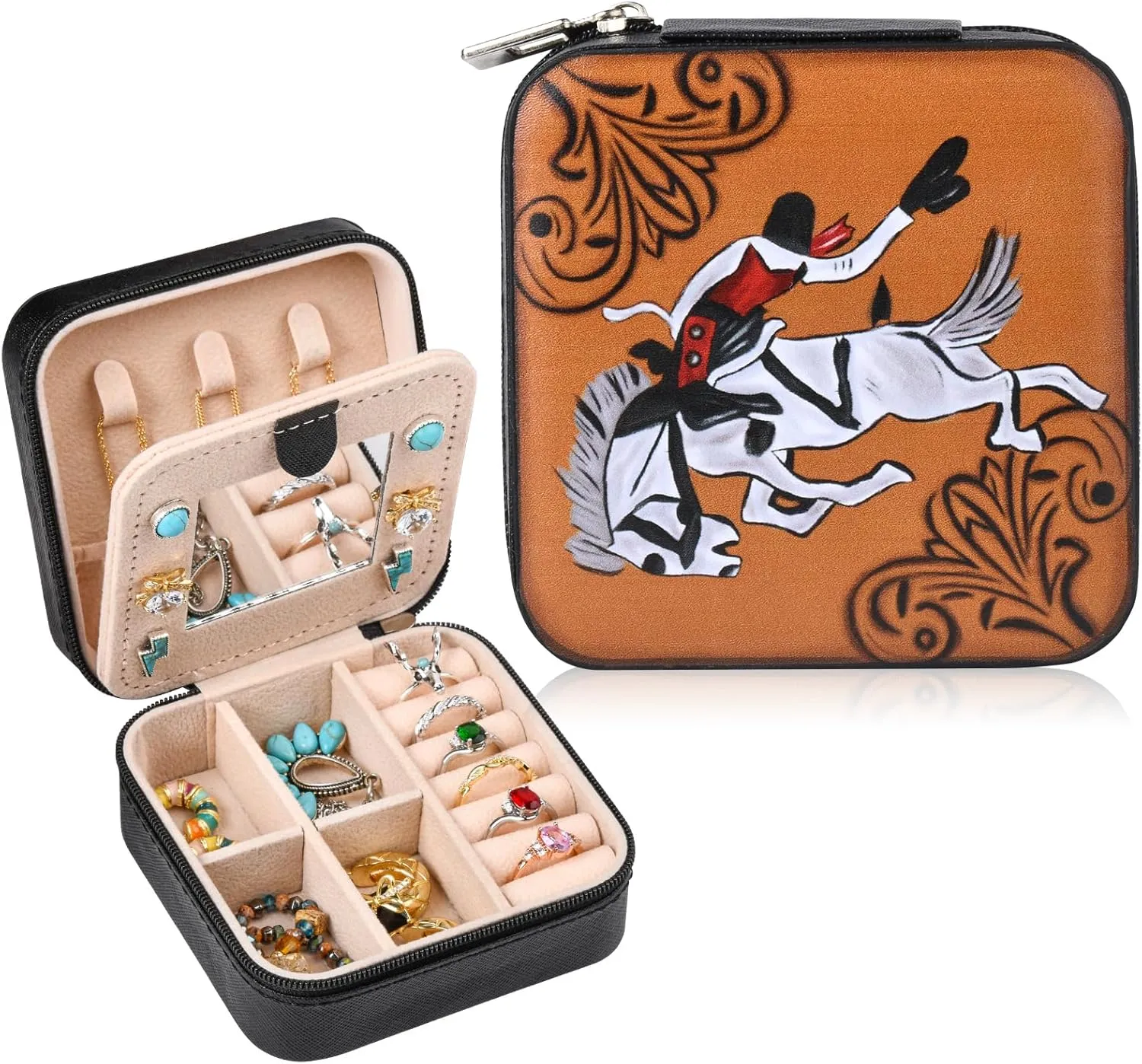DEEKA Western Jewelry Box Case Horse Pattern Faux Leather Travel Jewelry Holder Organizer Gifts for Women Country Girls Cowgirl Stuff Small Portable Travel Accessories -Black Horse