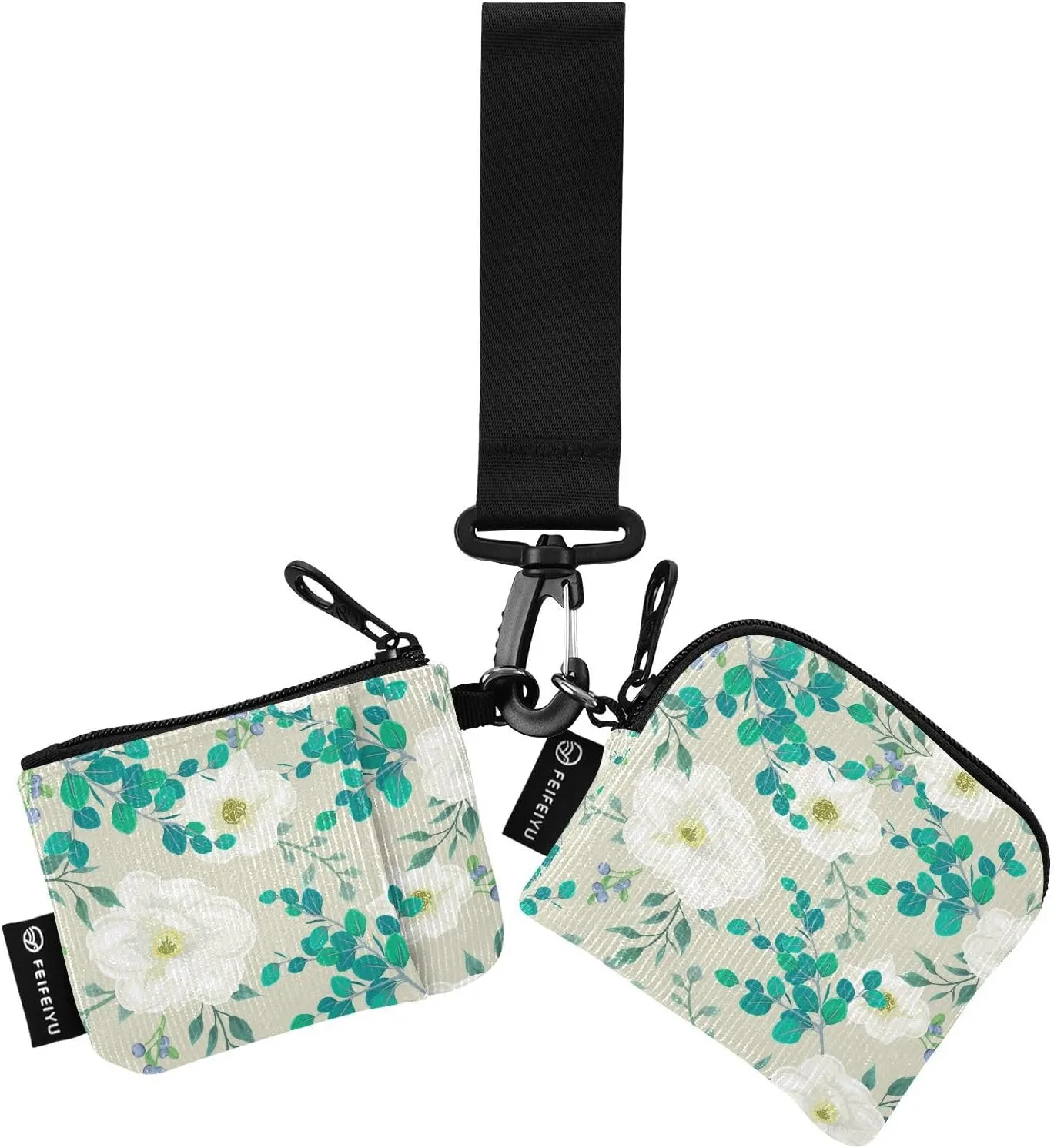 Delicate White Flowers Pattern Mini Zip Around Wristlet keychain Wallet for Women with Detachable Dual Pouch Wristlet Portable wallet Coin Purse