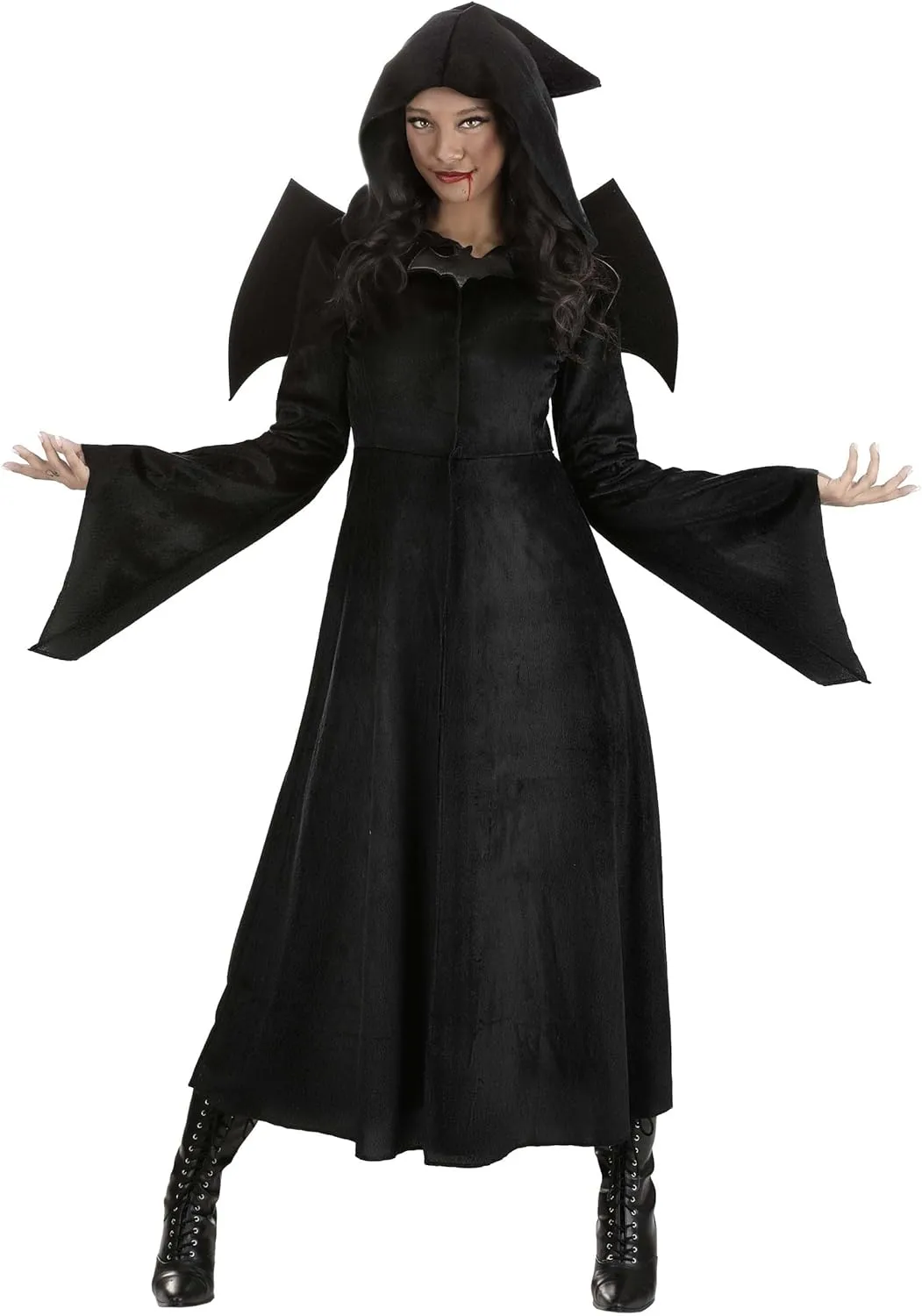 Deluxe Womens Vampire Cloak Costume Set - Black Hooded Cloak, Wings, Bat Brooch - Halloween Costume for Adults