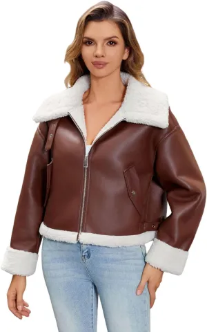DIASHINY Women's Faux Shearing Fur Winter Coat Warm Thick Fur Lined Faux Leather Jacket