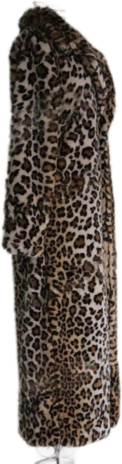 DJBM Women's Sexy Elegant Vintage Leopard Print Lapel Faux Fur Long Maxi Coat Jacket