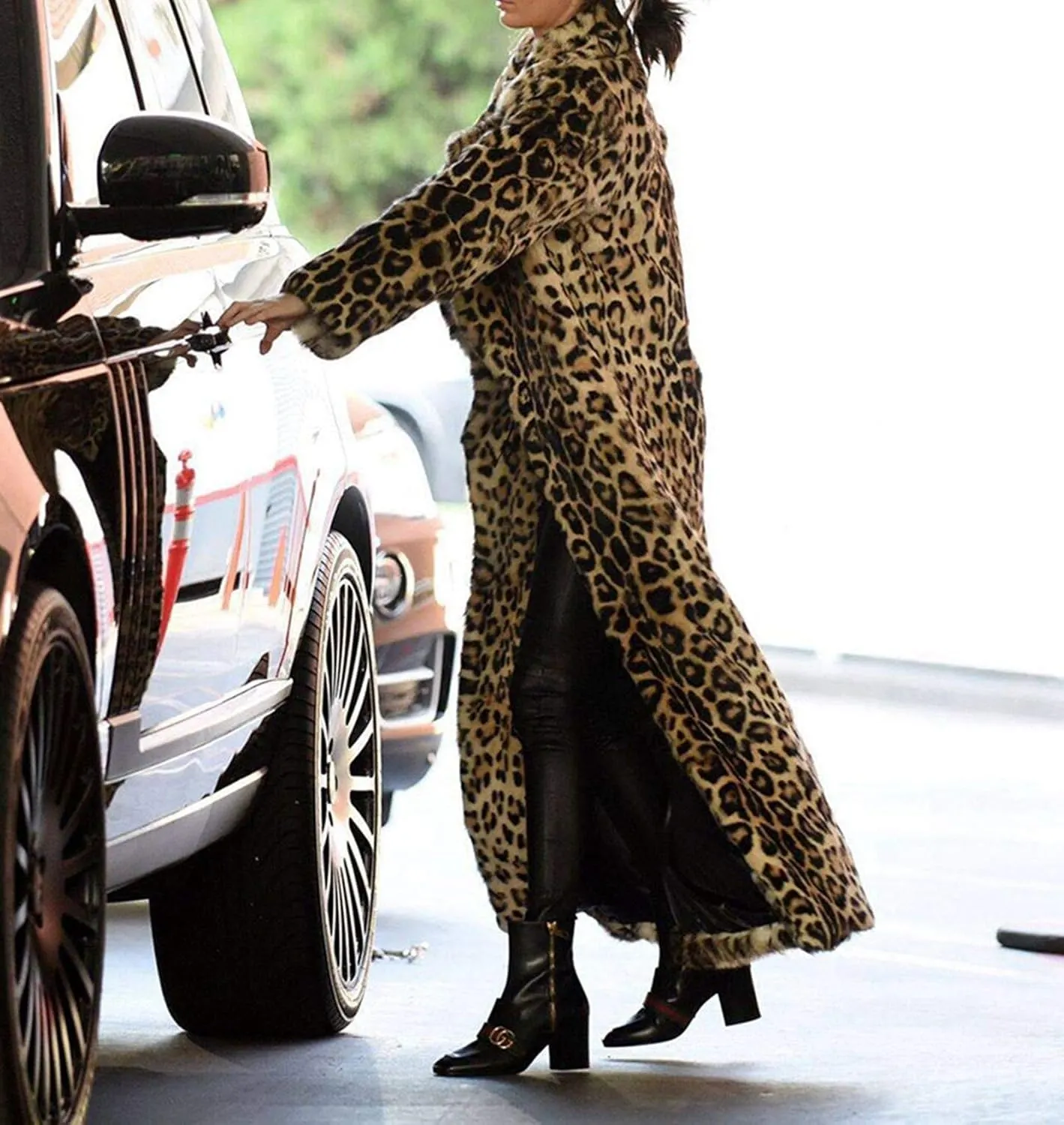 DJBM Women's Sexy Elegant Vintage Leopard Print Lapel Faux Fur Long Maxi Coat Jacket