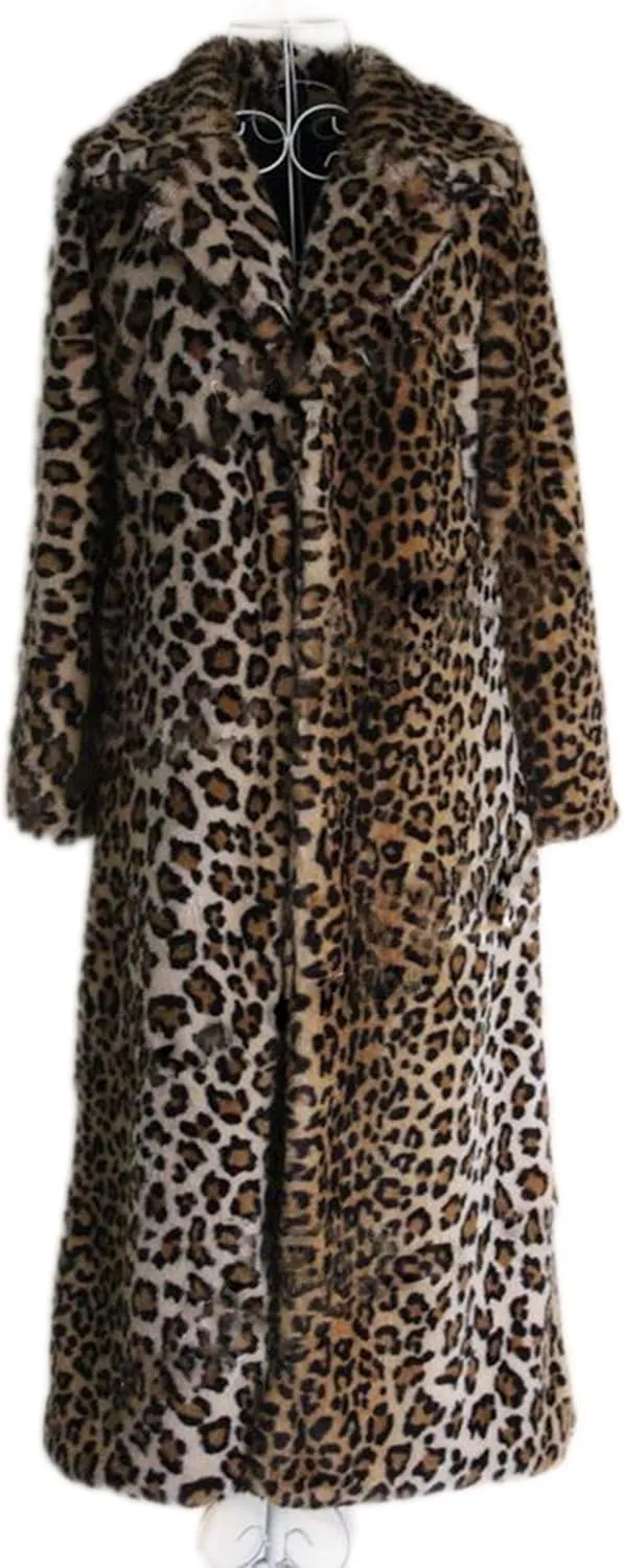 DJBM Women's Sexy Elegant Vintage Leopard Print Lapel Faux Fur Long Maxi Coat Jacket