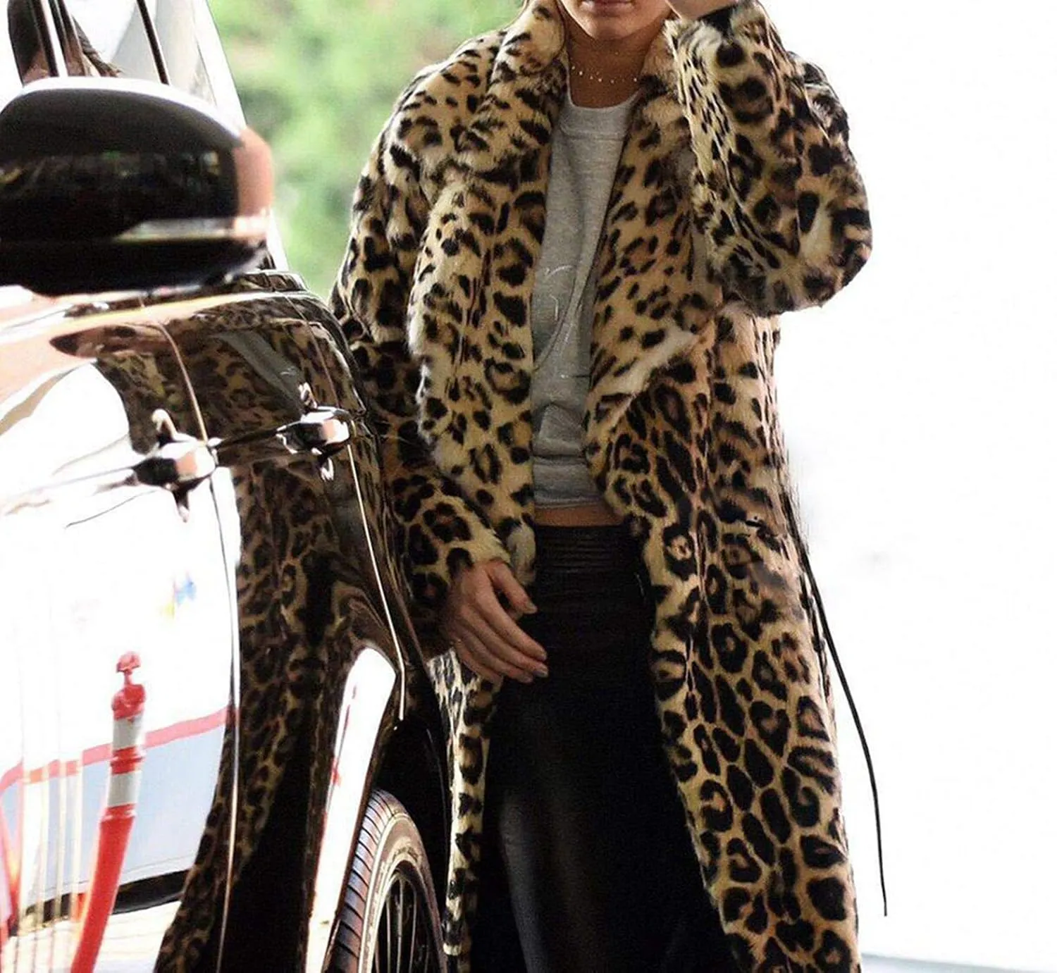 DJBM Women's Sexy Elegant Vintage Leopard Print Lapel Faux Fur Long Maxi Coat Jacket