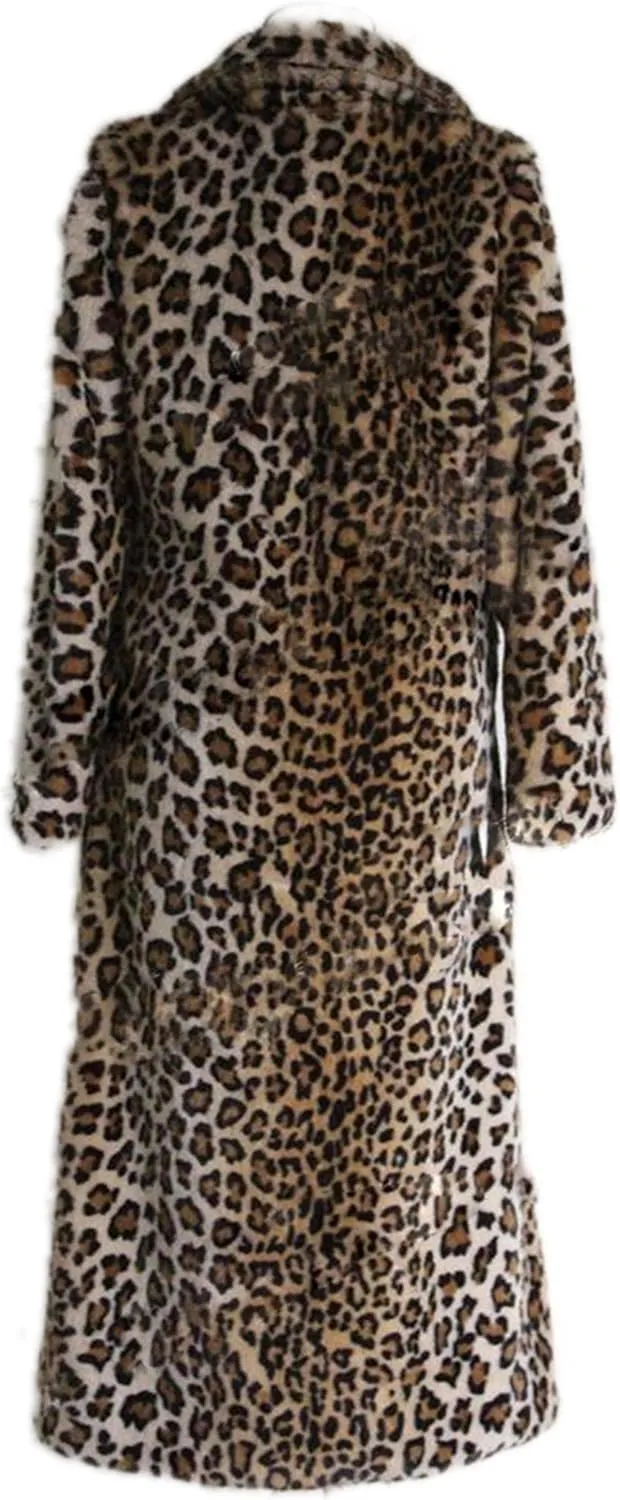 DJBM Women's Sexy Elegant Vintage Leopard Print Lapel Faux Fur Long Maxi Coat Jacket