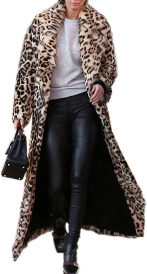 DJBM Women's Sexy Elegant Vintage Leopard Print Lapel Faux Fur Long Maxi Coat Jacket