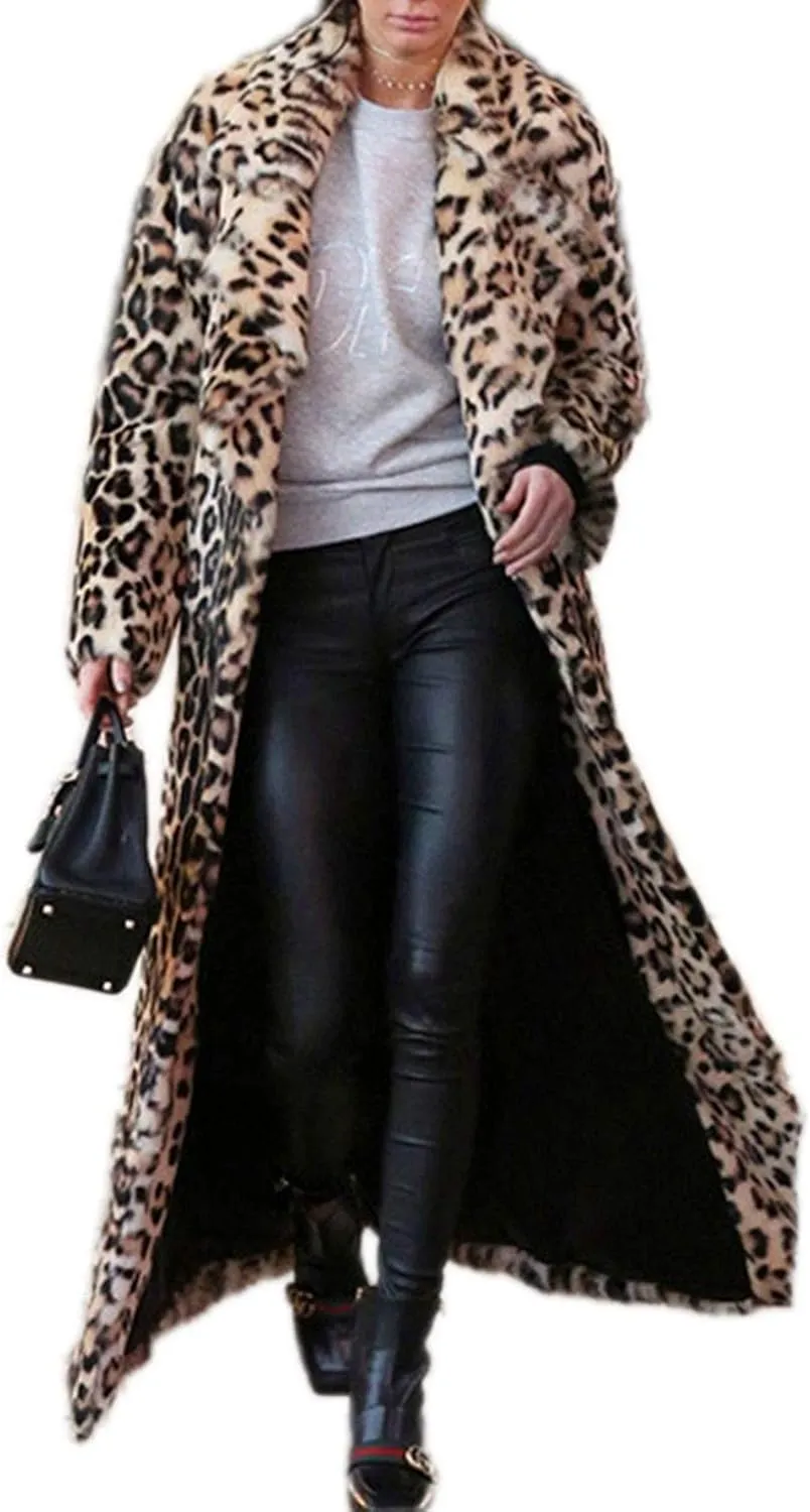 DJBM Women's Sexy Elegant Vintage Leopard Print Lapel Faux Fur Long Maxi Coat Jacket