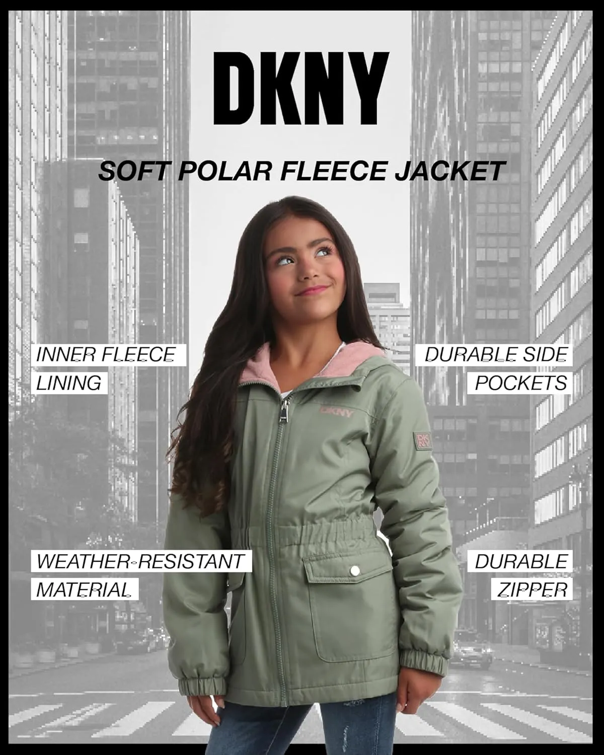 DKNY Girls' Jacket - Cozy Polar Fleece Lined Full Zip Up Jacket with Side Pockets - Athletic Jackets for Girls (7-16)