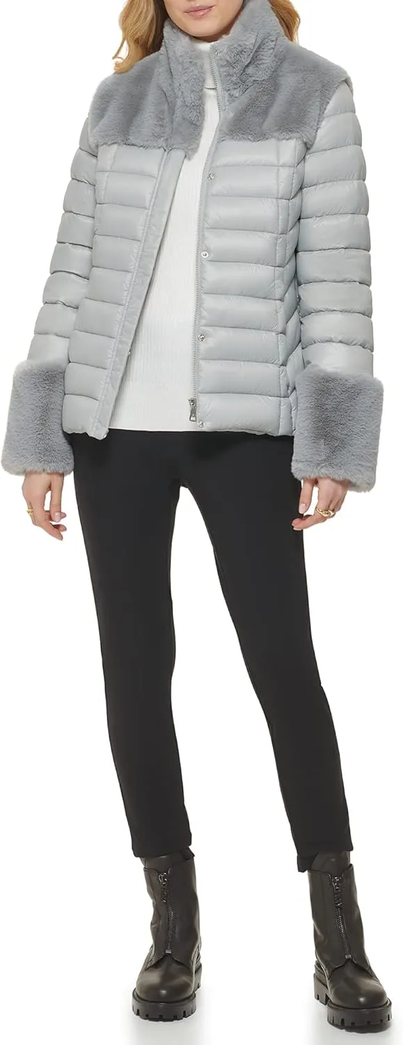 DKNY Women's Faux Fur Cuffed Sleeve Puffer Jacket