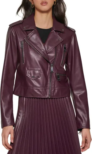 DKNY Women's Zipped Detail Faux Leather Moto Jacket