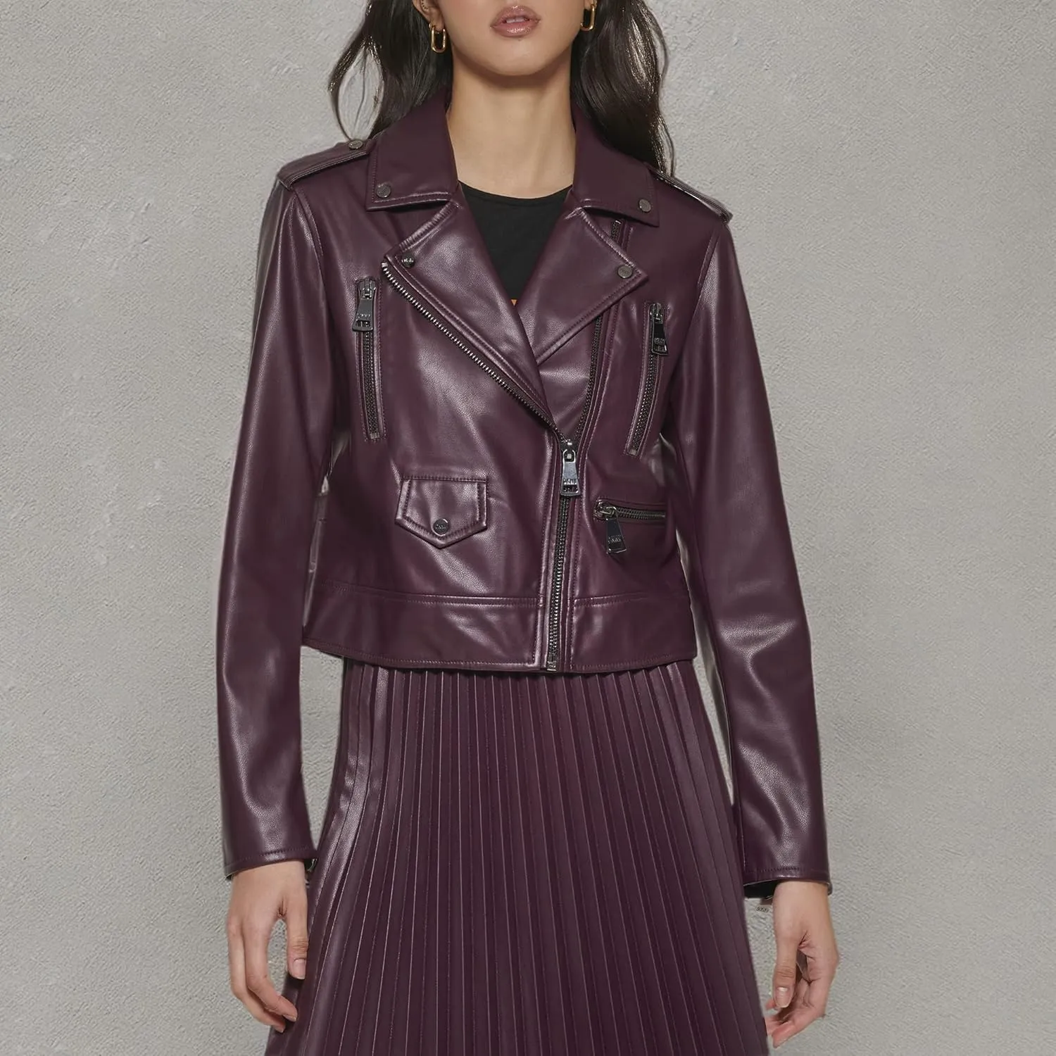 DKNY Women's Zipped Detail Faux Leather Moto Jacket