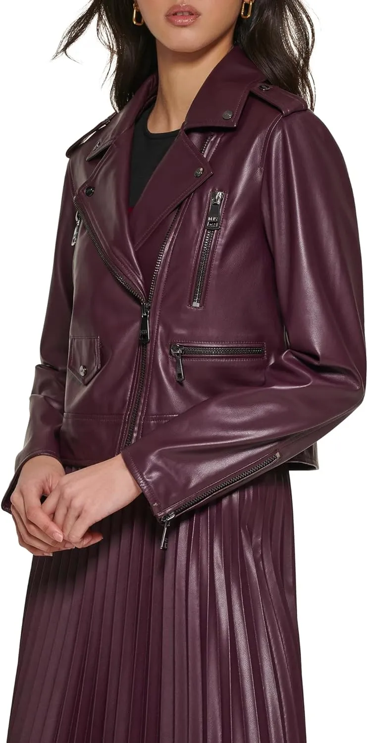 DKNY Women's Zipped Detail Faux Leather Moto Jacket