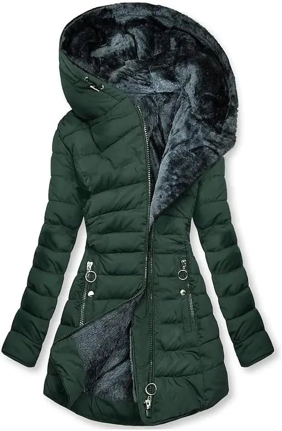Down Jackets for Women Winter Full Zipper Hooded Sherpa Mid Length Down Coat Cozy Line Plush Lightweight Warm Long Outwear