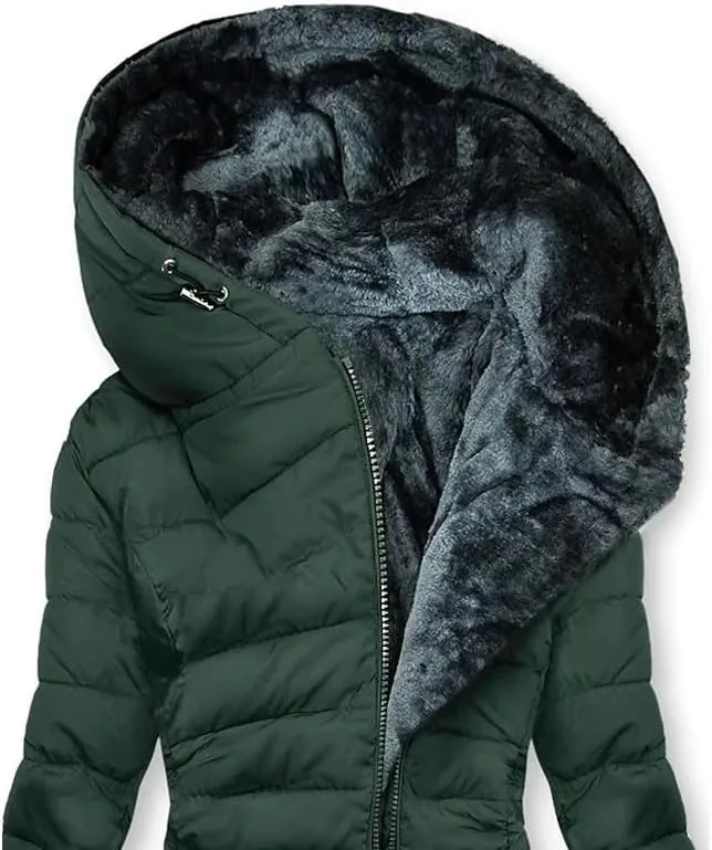 Down Jackets for Women Winter Full Zipper Hooded Sherpa Mid Length Down Coat Cozy Line Plush Lightweight Warm Long Outwear