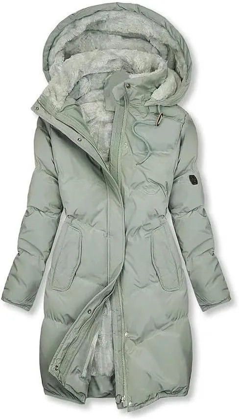 Down Jackets for Women Winter Full Zipper Hooded Sherpa Mid Length Down Coat Cozy Line Plush Lightweight Warm Long Outwear