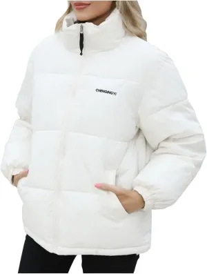 Down Jackets for Women Winter Solid Color Long Sleeve Stand Collar Padded Jacket Loose Fit Lightweight Warm Coats