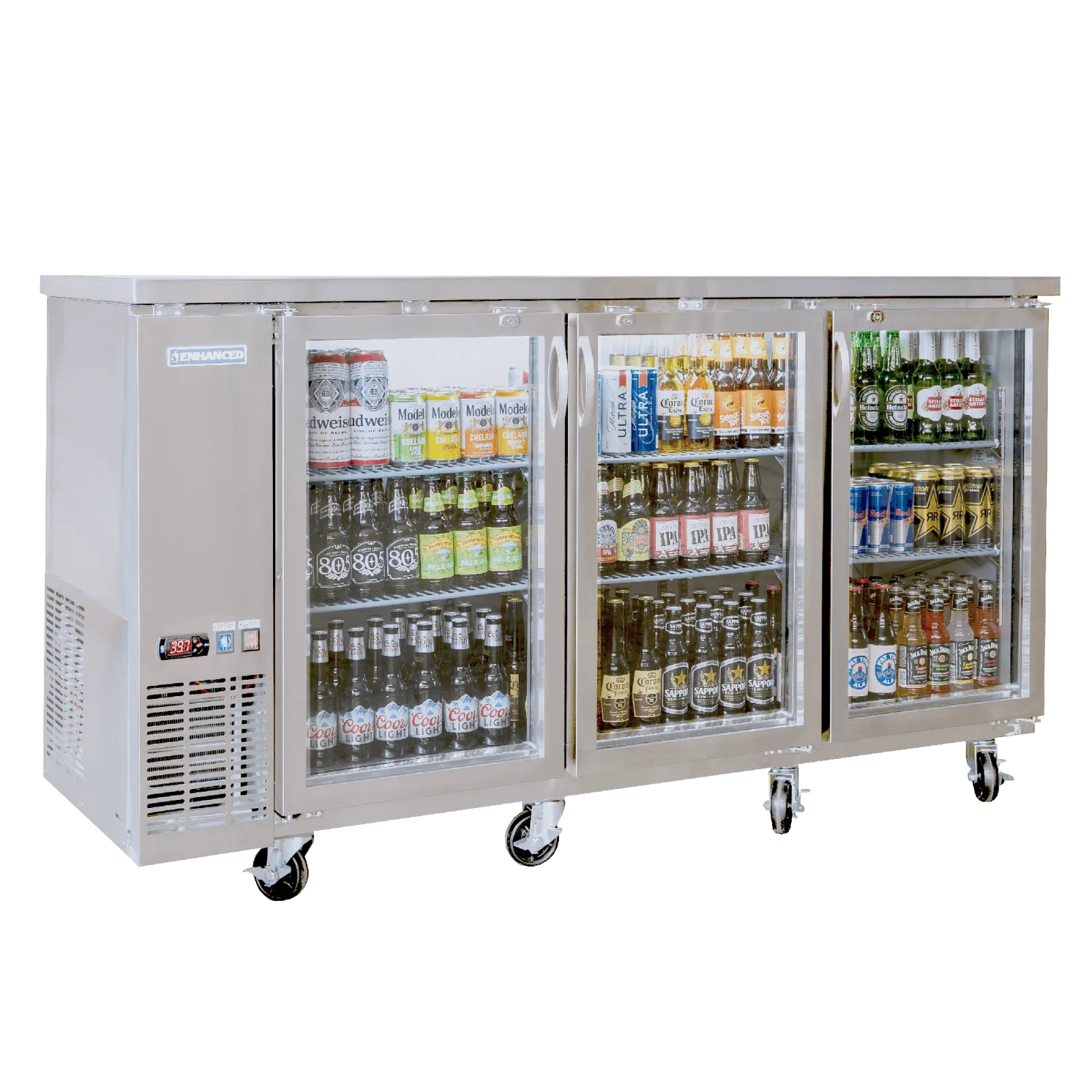 EBB-24-72GSS-HC Enhanced 72" Back Bar Cooler, 3 Glass Doors