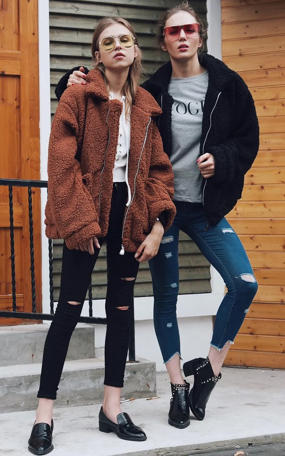 ECOWISH Women Jacket Winter Coat - 2024 Fur Fleece Long Sleeve Sherpa Faux Fuzzy Fall Teddy Fluffy Zip Lapel Outfits