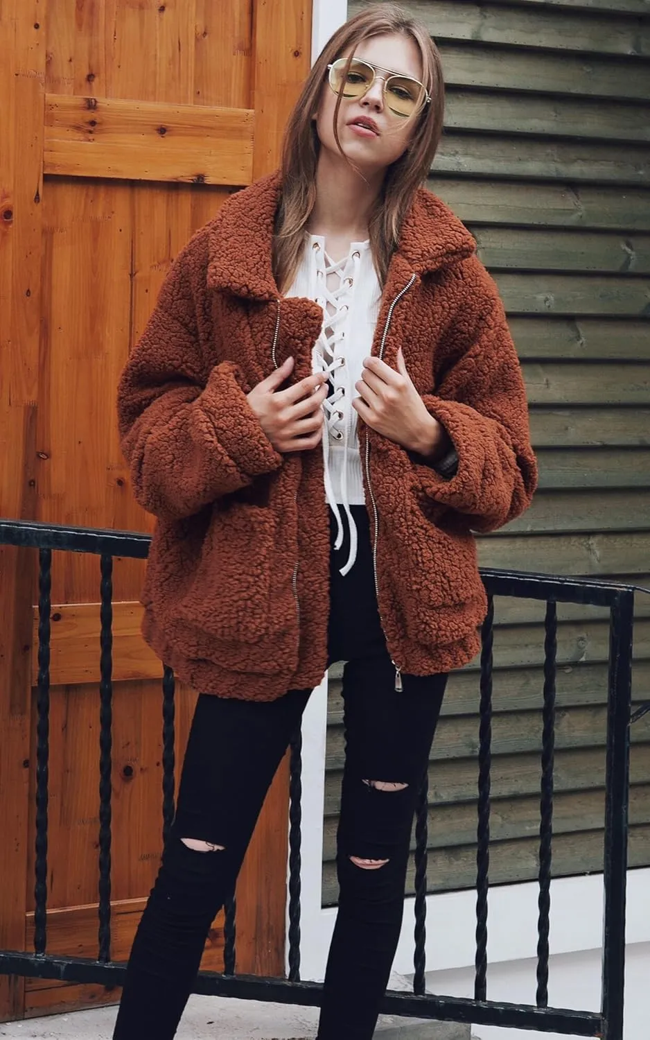 ECOWISH Women Jacket Winter Coat - 2024 Fur Fleece Long Sleeve Sherpa Faux Fuzzy Fall Teddy Fluffy Zip Lapel Outfits
