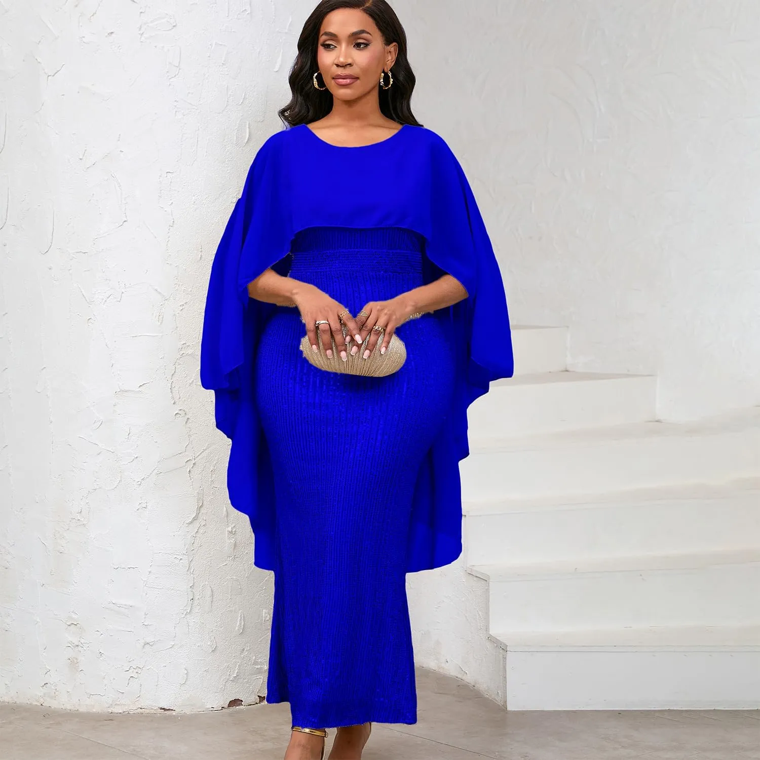 Elegant Party Maxi Dress for Women Solid Sequin Patchwork Chiffon Cape Sleeves Bodycon Pencil Evening Wedding Dress