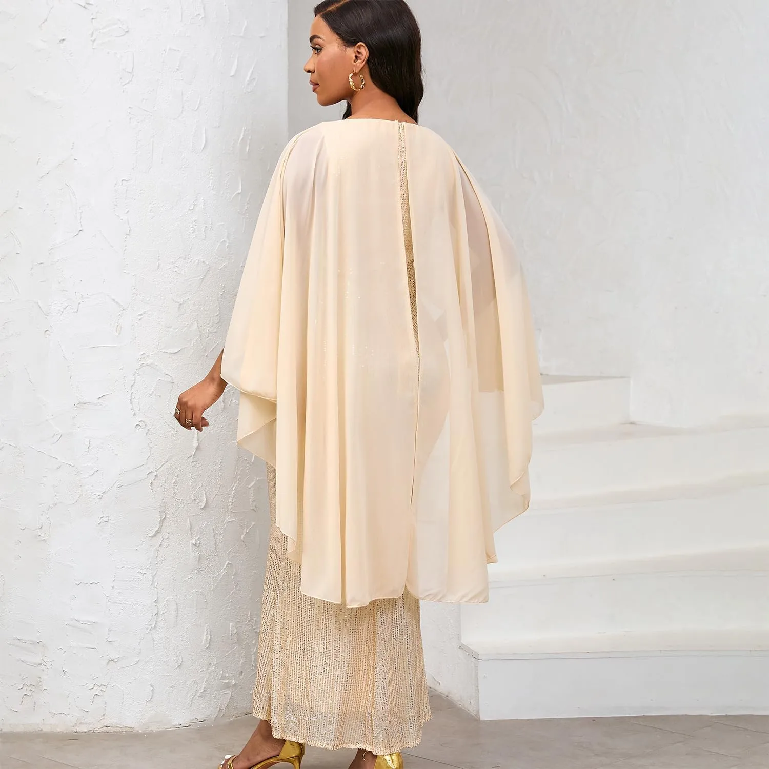 Elegant Party Maxi Dress for Women Solid Sequin Patchwork Chiffon Cape Sleeves Bodycon Pencil Evening Wedding Dress