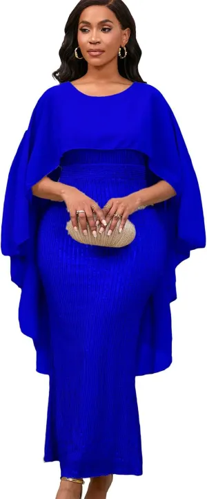 Elegant Party Maxi Dress for Women Solid Sequin Patchwork Chiffon Cape Sleeves Bodycon Pencil Evening Wedding Dress