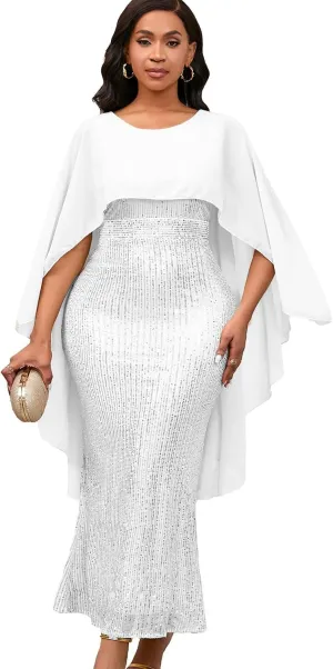 Elegant Party Maxi Dress for Women Solid Sequin Patchwork Chiffon Cape Sleeves Bodycon Pencil Evening Wedding Dress