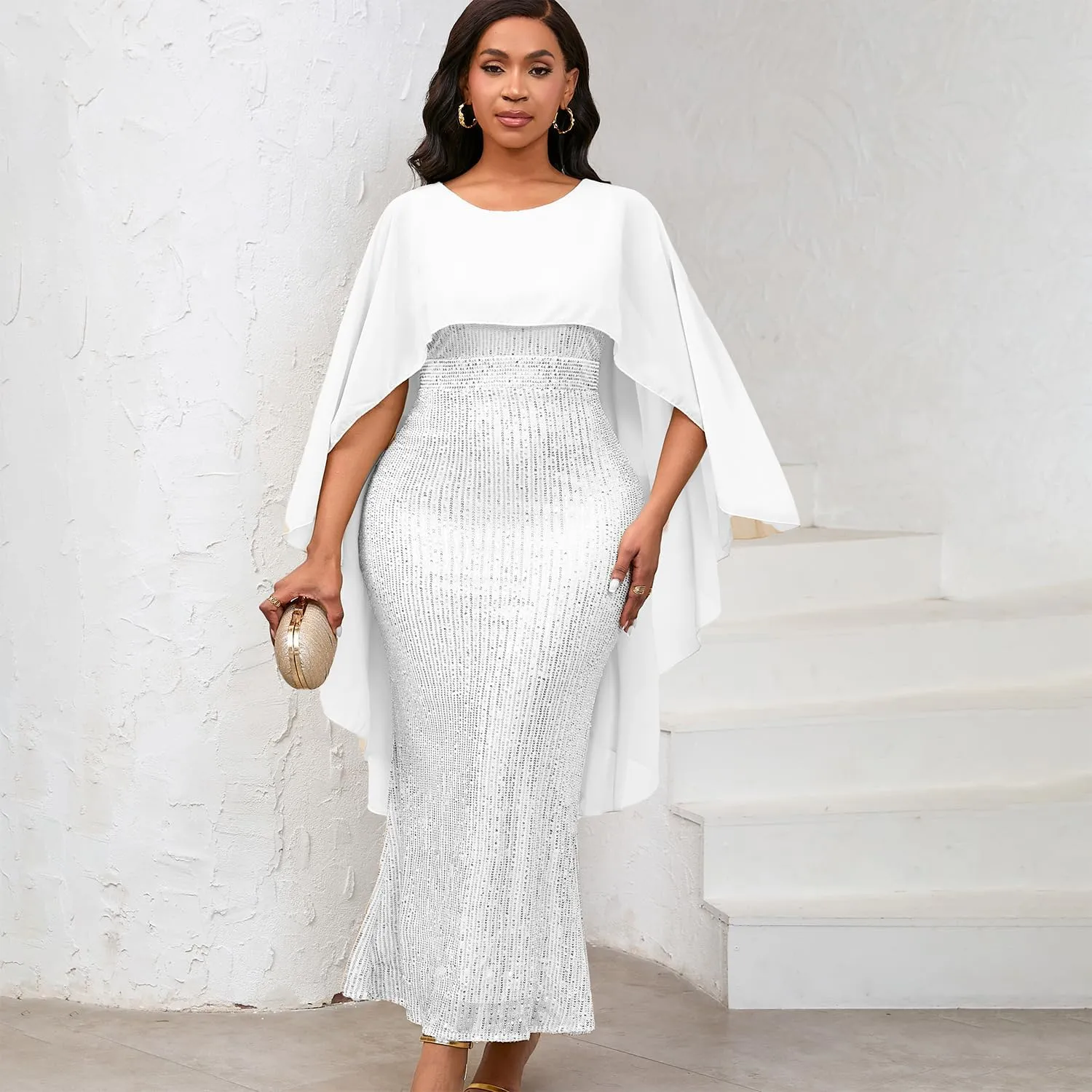 Elegant Party Maxi Dress for Women Solid Sequin Patchwork Chiffon Cape Sleeves Bodycon Pencil Evening Wedding Dress