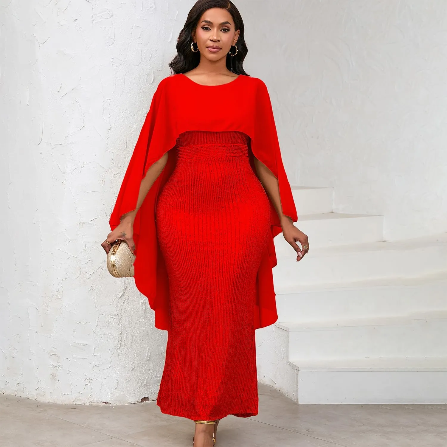 Elegant Party Maxi Dress for Women Solid Sequin Patchwork Chiffon Cape Sleeves Bodycon Pencil Evening Wedding Dress